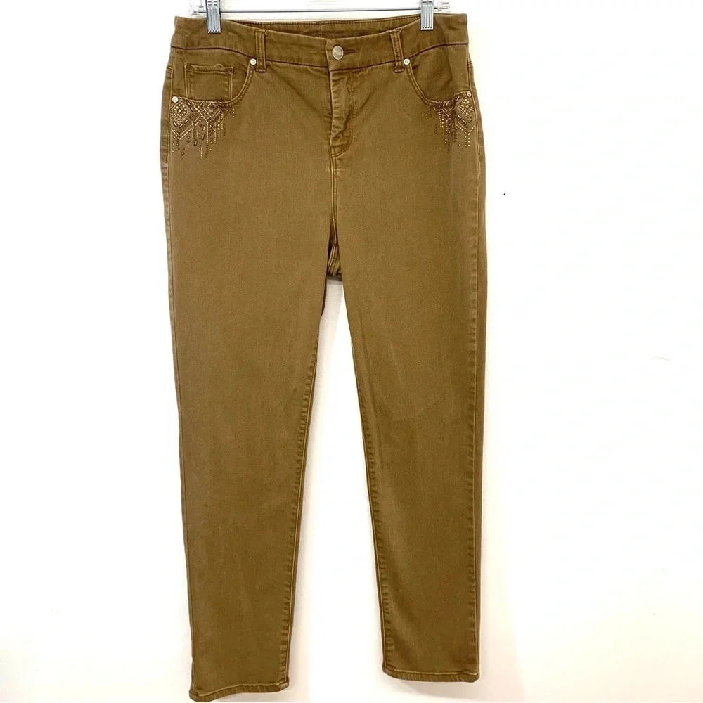 Chicos 1‎ Jeans  Woman Sz 8 So Slimming Girlfriend Ankle Brown  Beading Pockets